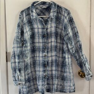 J Jill blue white acid wash plaid woven cotton long sleeve button down shirt XLT